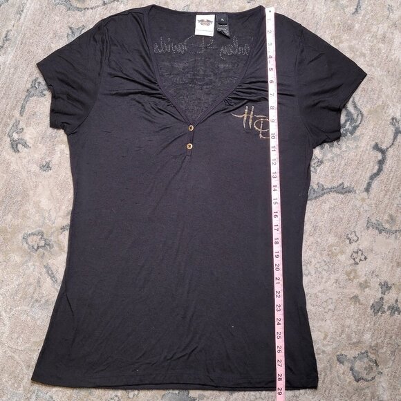 Harley-Davidson Black & Gold Embellished V-Neck Tee – Size XL - Picture 10 of 12